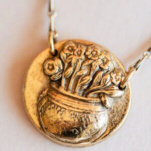 Bella Vita Antique Button necklace, Flower Pot Pendant